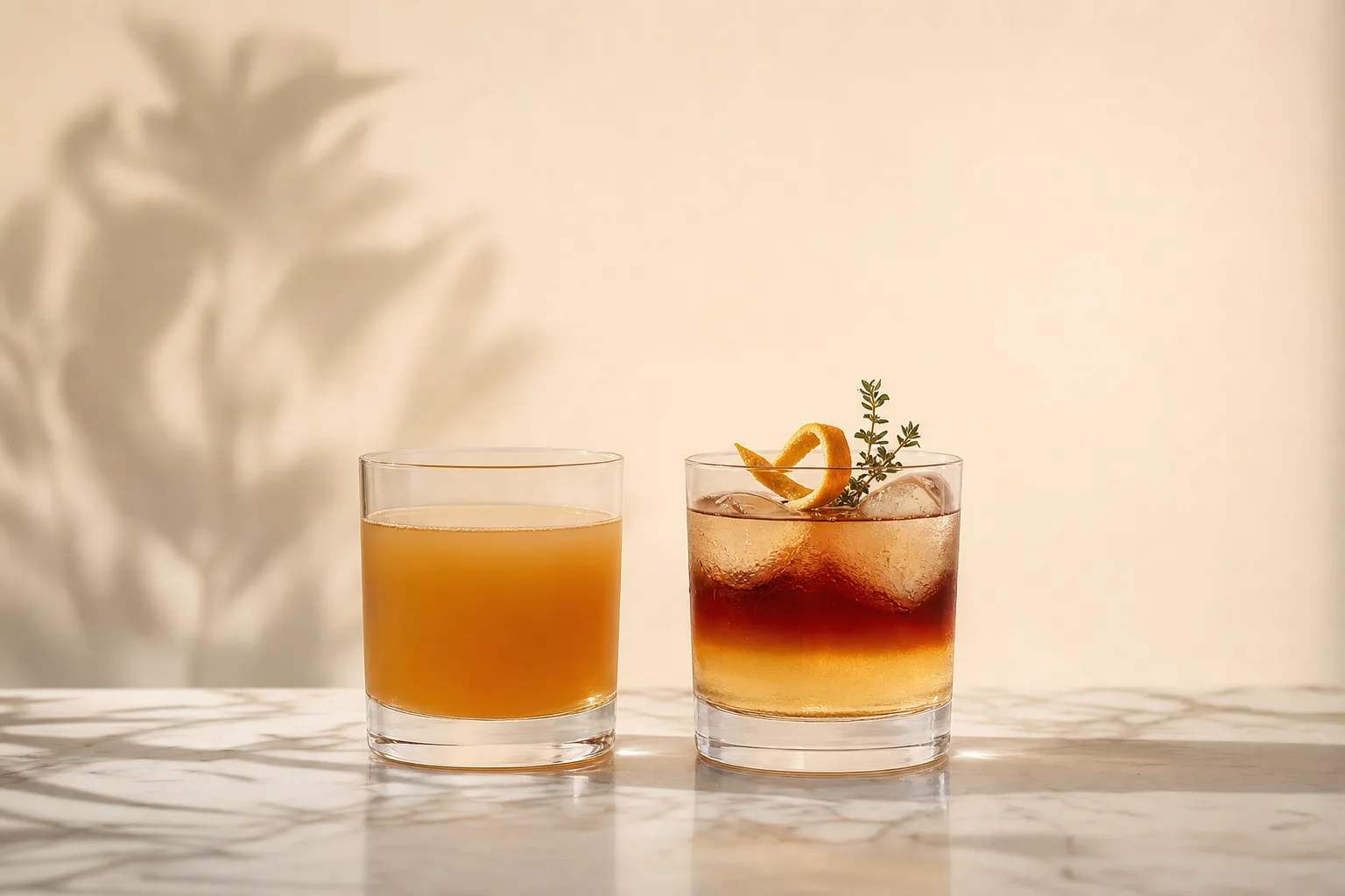 comparação entre suco e coquetel sem álcool em copos de vidro