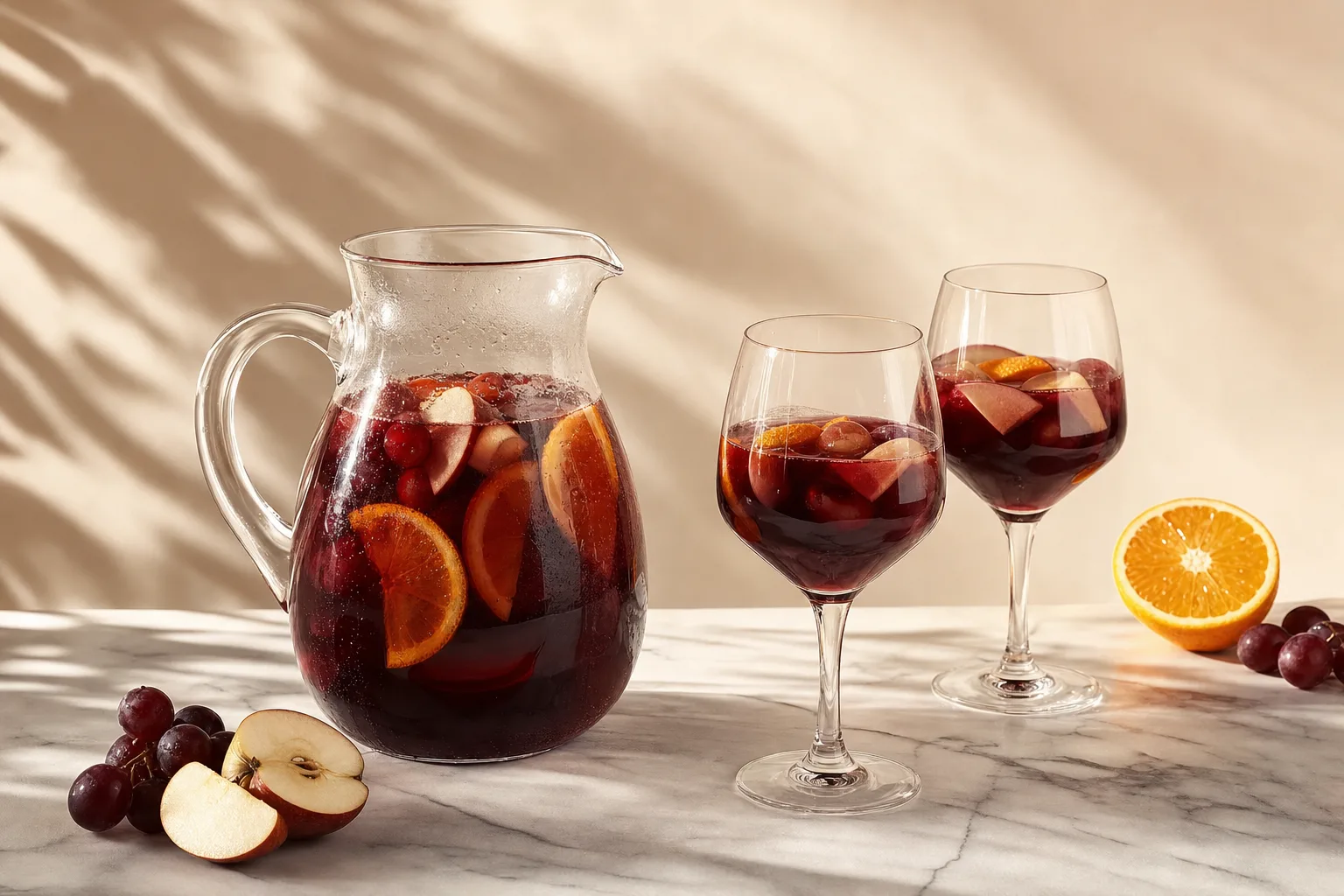 sangria sem álcool em jarra de vidro com frutas cortadas