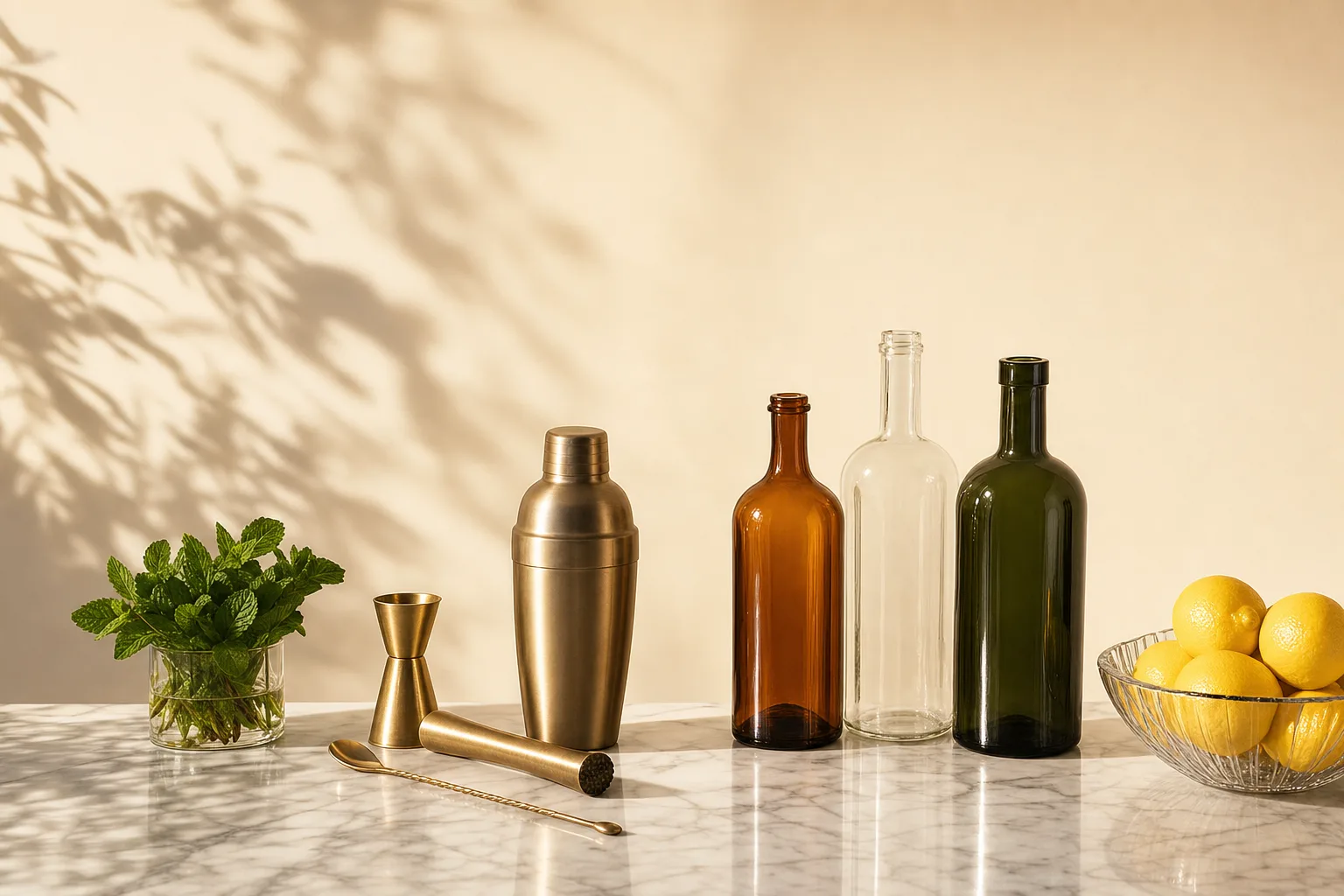 kit de coquetelaria e garrafas sem álcool para montar bar em casa