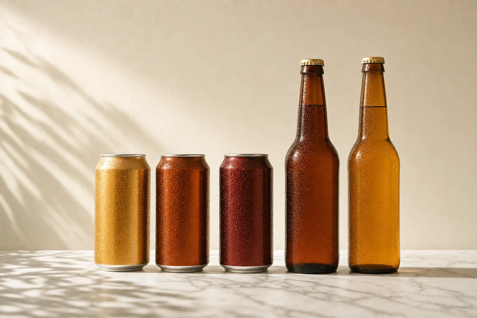 Cerveja com menos calorias: latas e long necks de cerveja sem álcool sobre mármore branco