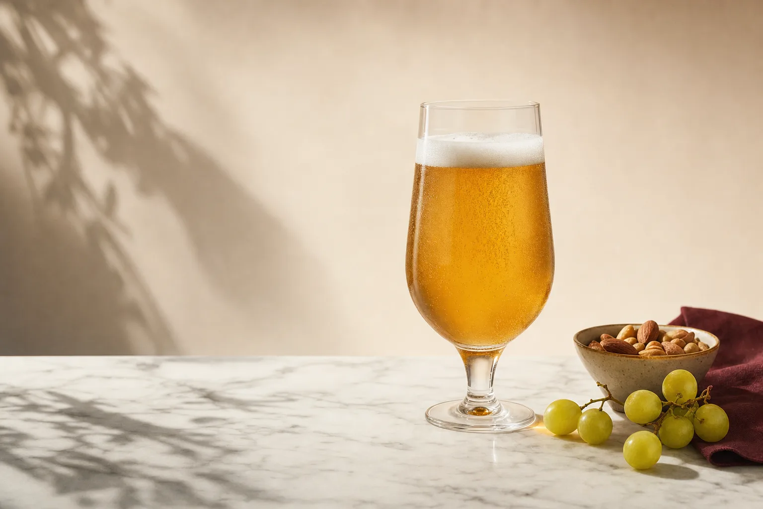 Taça de cerveja sem álcool ao lado de castanhas e frutas frescas em composição minimalista