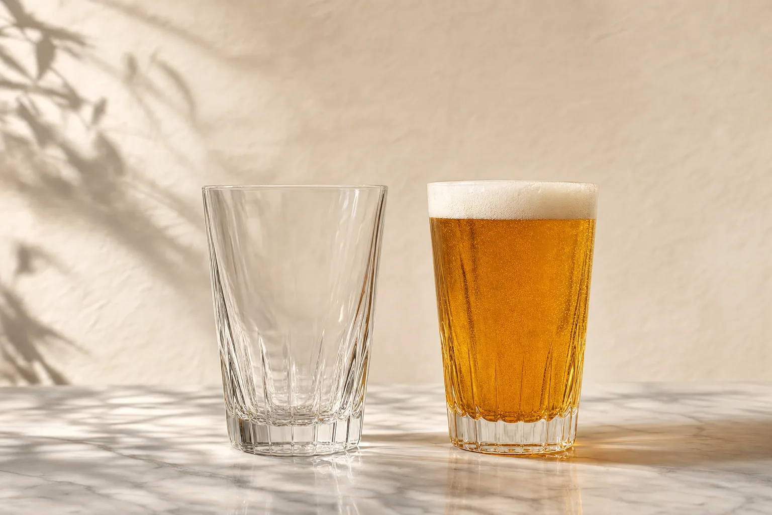 Duas taças lado a lado sobre mármore branco, uma vazia e uma com cerveja sem álcool