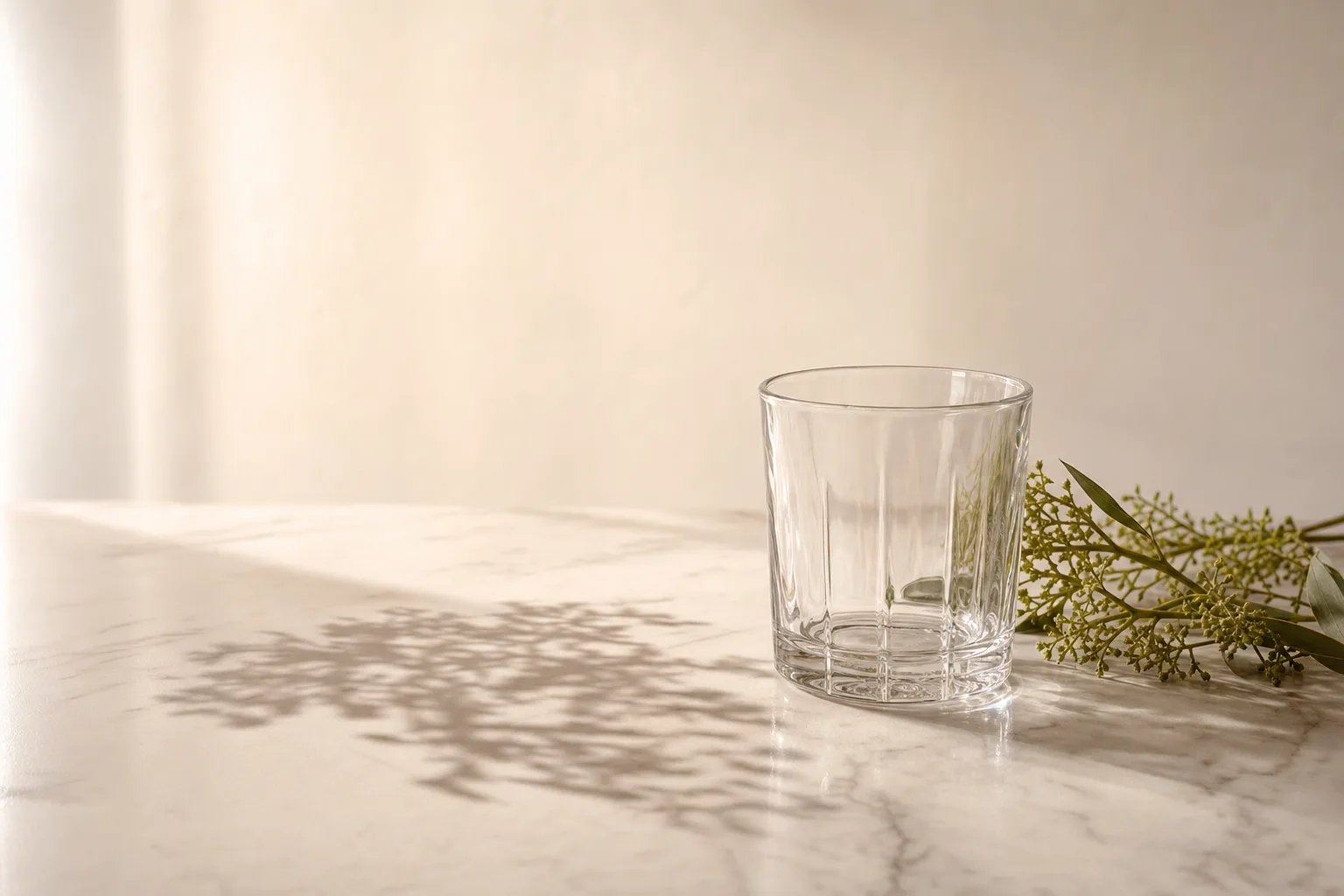 Taça de vidro transparente e ramo de folhagem sobre mármore branco