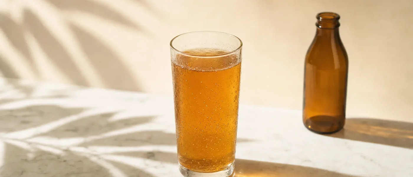 Copo de vidro com kombucha âmbar servida gelada sobre superfície de mármore branco