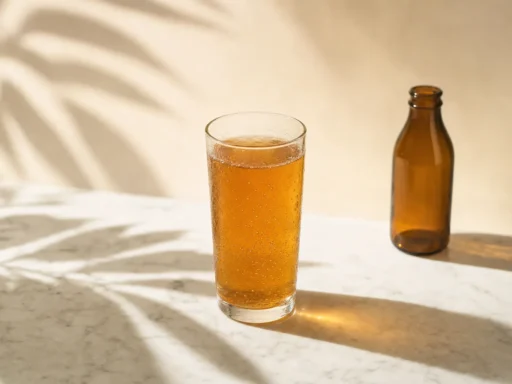 Copo de vidro com kombucha âmbar servida gelada sobre superfície de mármore branco