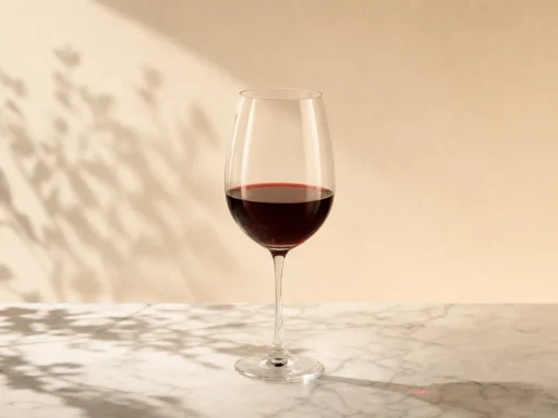 Taça de vinho tinto sobre mármore branco com fundo bege claro