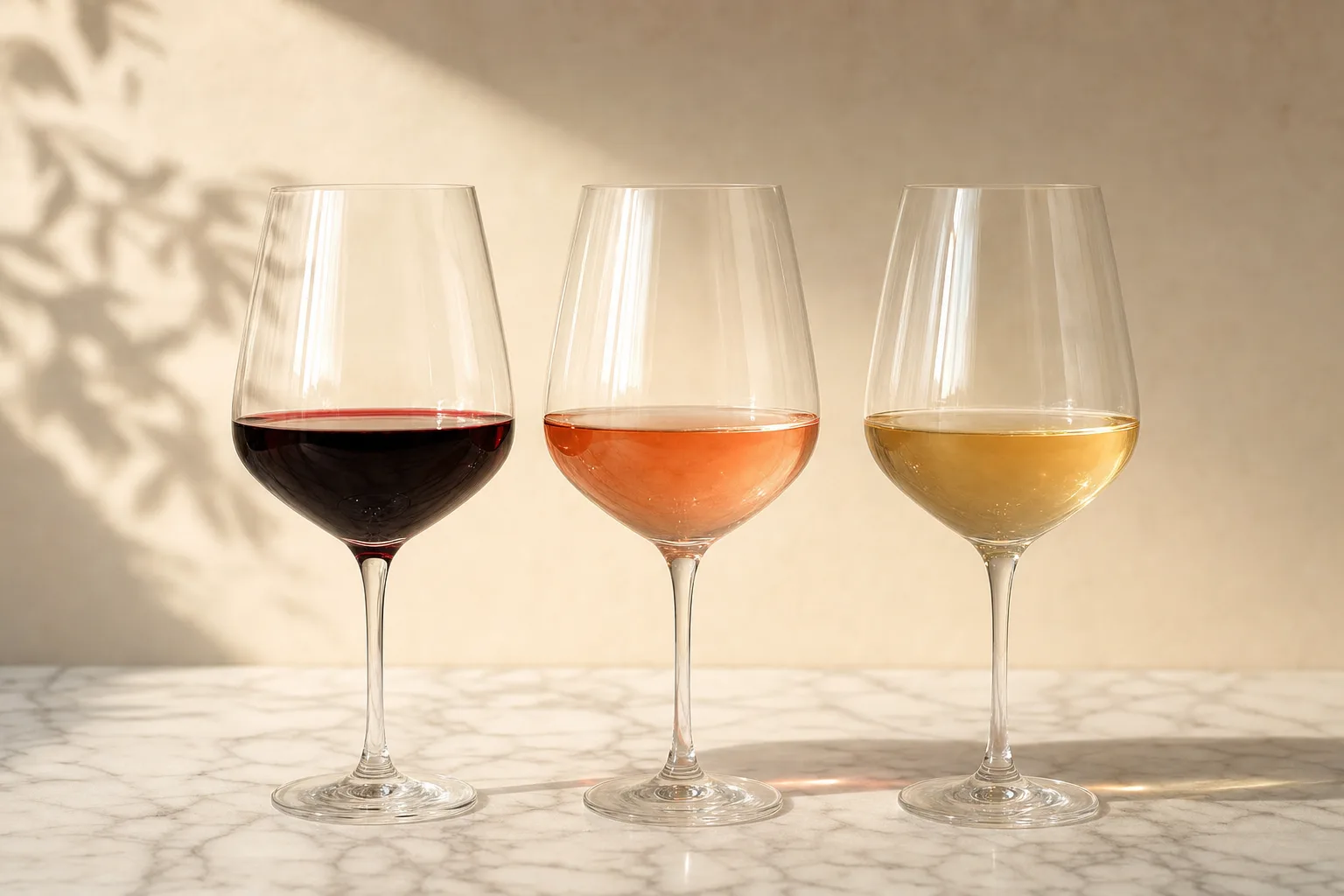 Três taças de vinho lado a lado, tinto, rosé e branco, sobre mármore