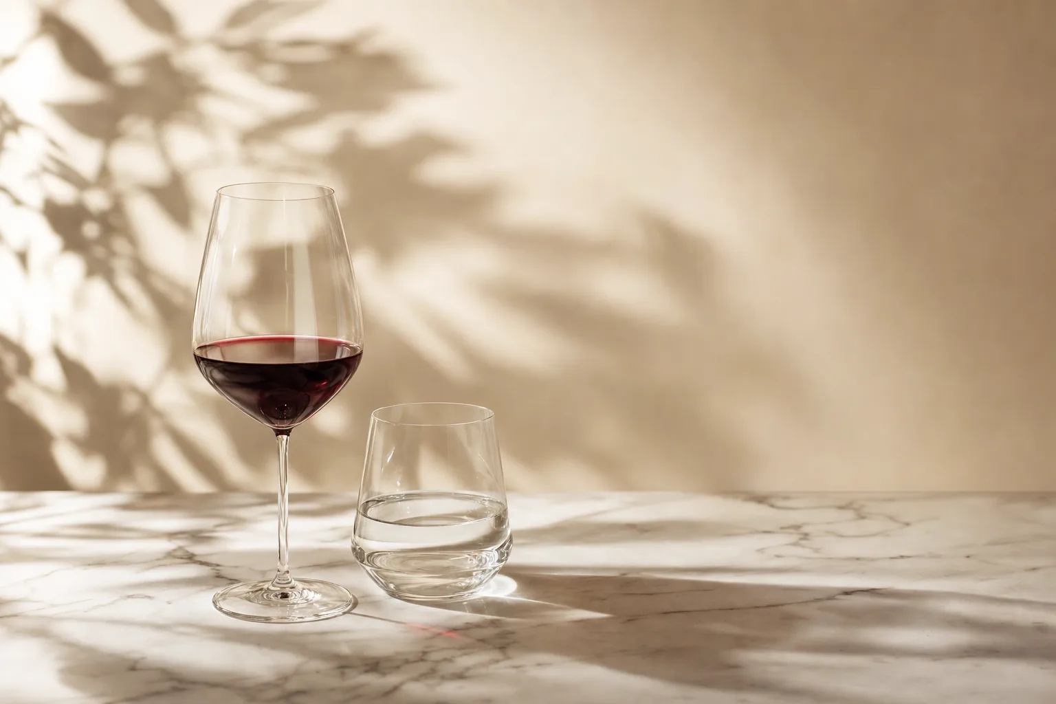 Taça de vinho ao lado de copo de água sobre superfície de mármore