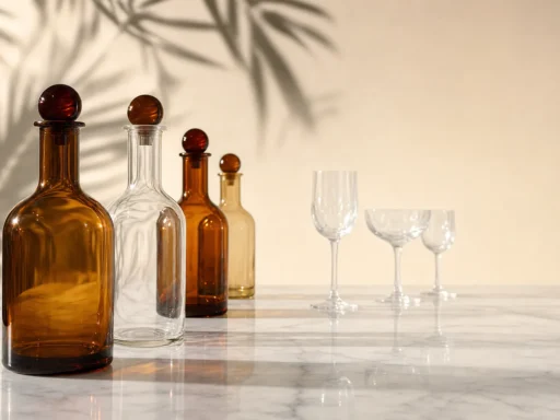 Garrafas e taças de bebida sem álcool alinhadas em mármore branco para cálculo de festa
