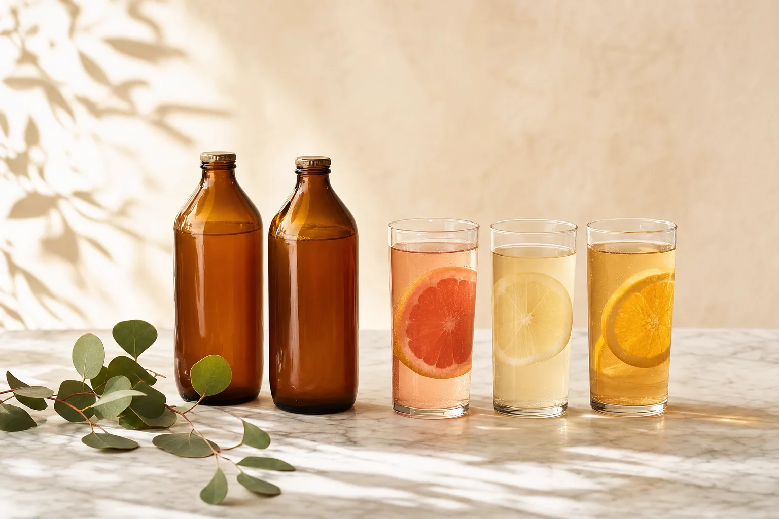 Garrafas de kombucha e copos com bebidas leves sobre mármore em composição para chá de bebê
