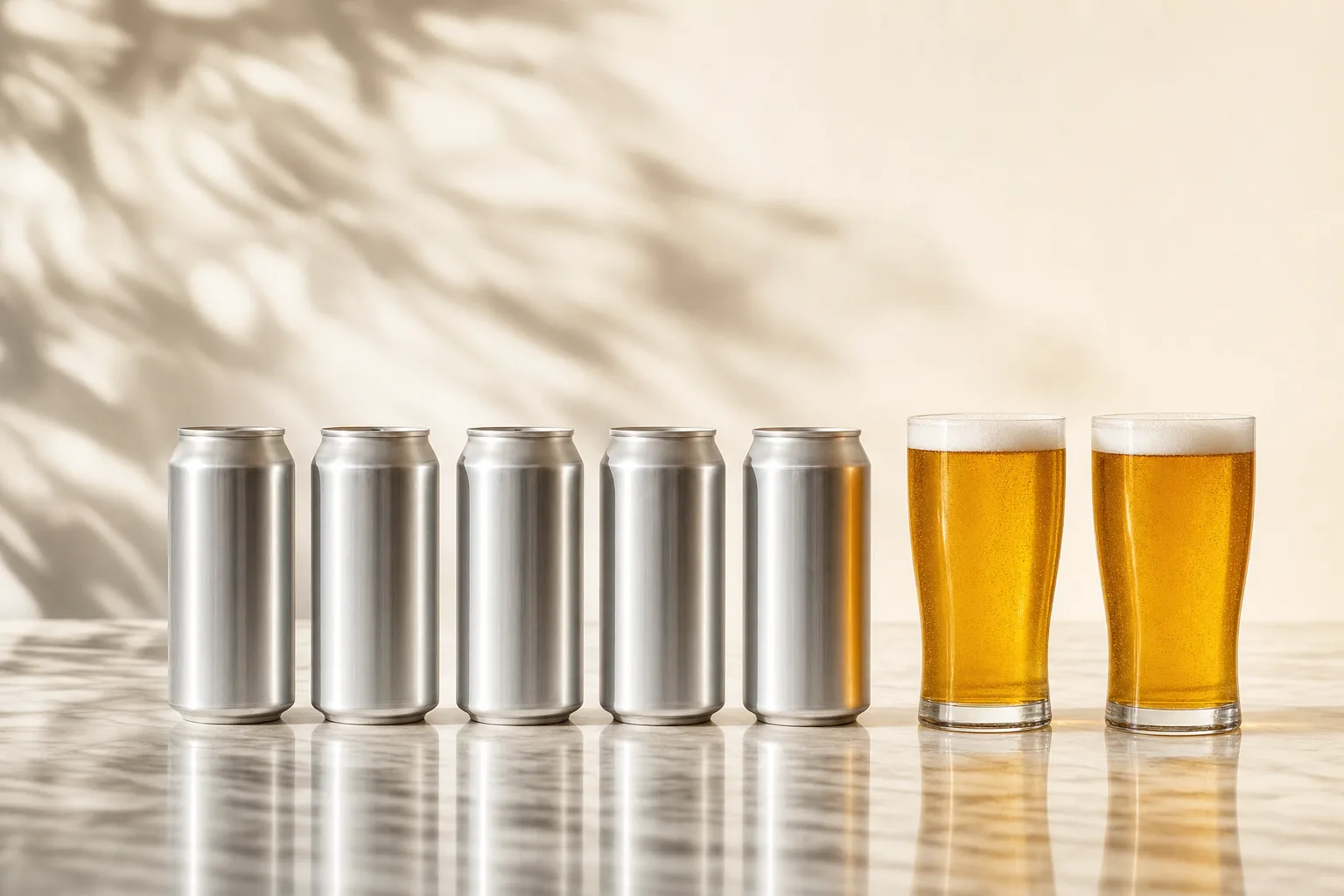 Latas e copos de cerveja sem álcool organizados em fileira sobre mármore branco