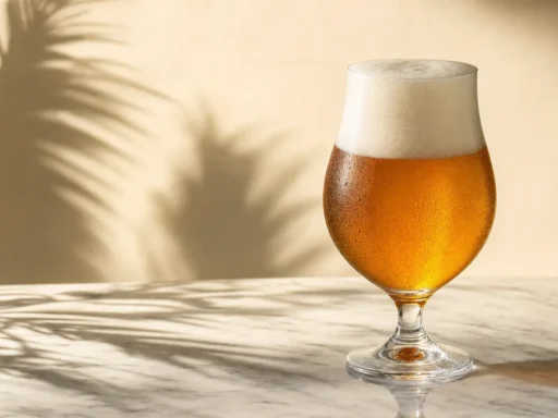 Taça de cerveja sem álcool com colarinho sobre mármore branco, comparativo de marcas