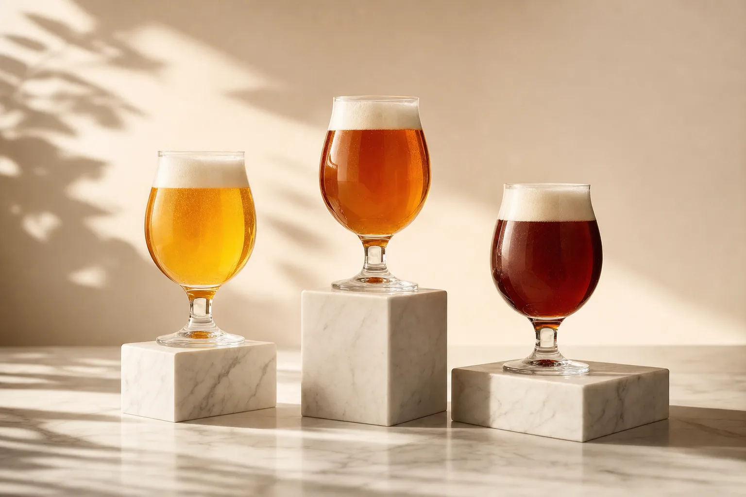 Três taças de cerveja sem álcool de cores diferentes, representando a variedade de estilos disponíveis no Brasil
