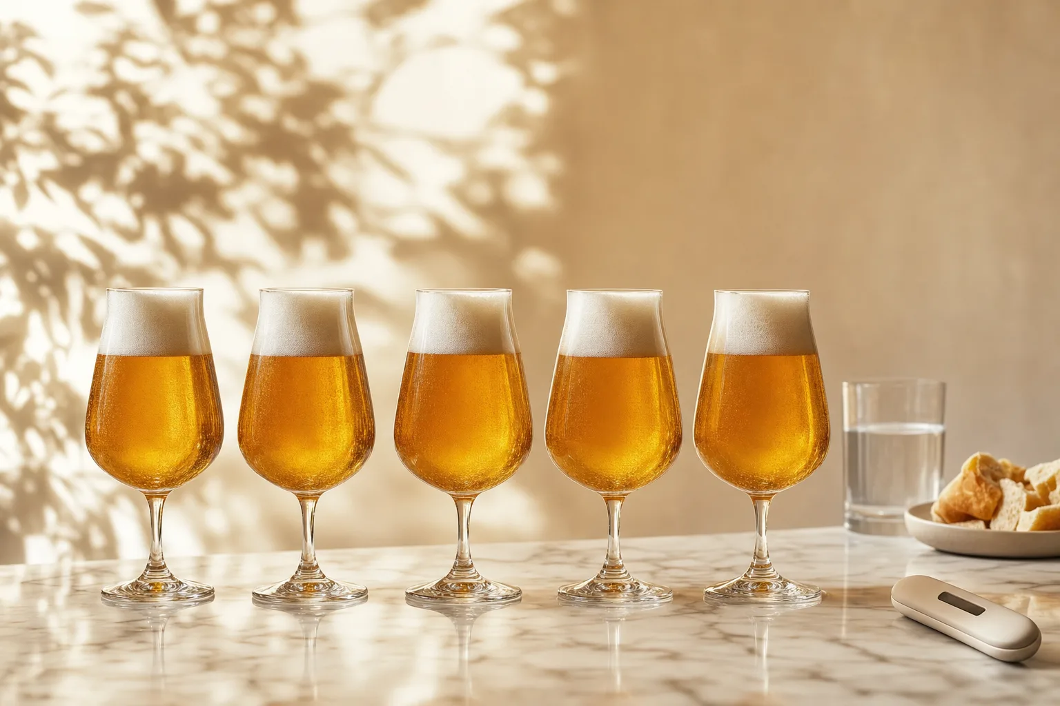 Taças idênticas de cerveja sem álcool lado a lado, mostrando cor e colarinho de diferentes rótulos