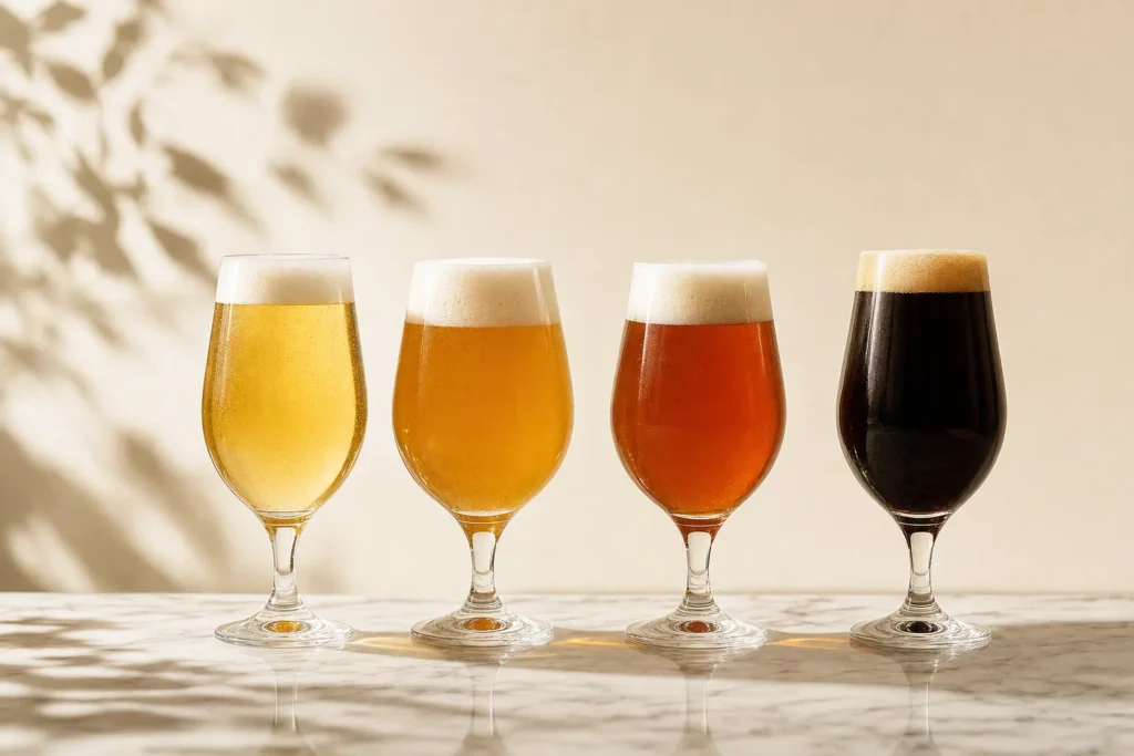 Quatro taças mostrando as diferentes cores das cervejas sem álcool por estilo