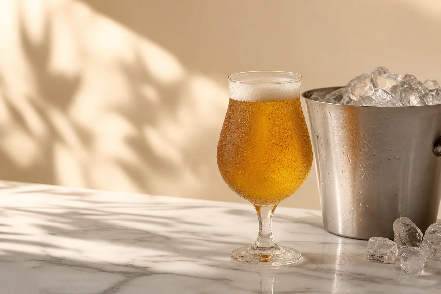 Taça de cerveja sem álcool gelada com condensação e balde de gelo