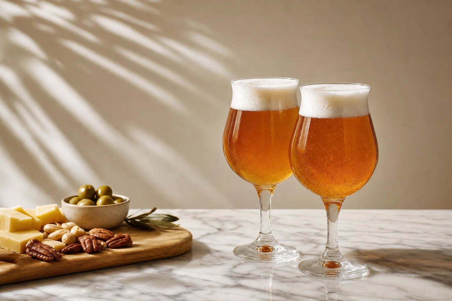 Duas taças de cerveja sem álcool e petiscos em mesa de mármore para brindar