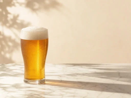 Copo de cerveja sem glúten e sem álcool sobre mármore branco