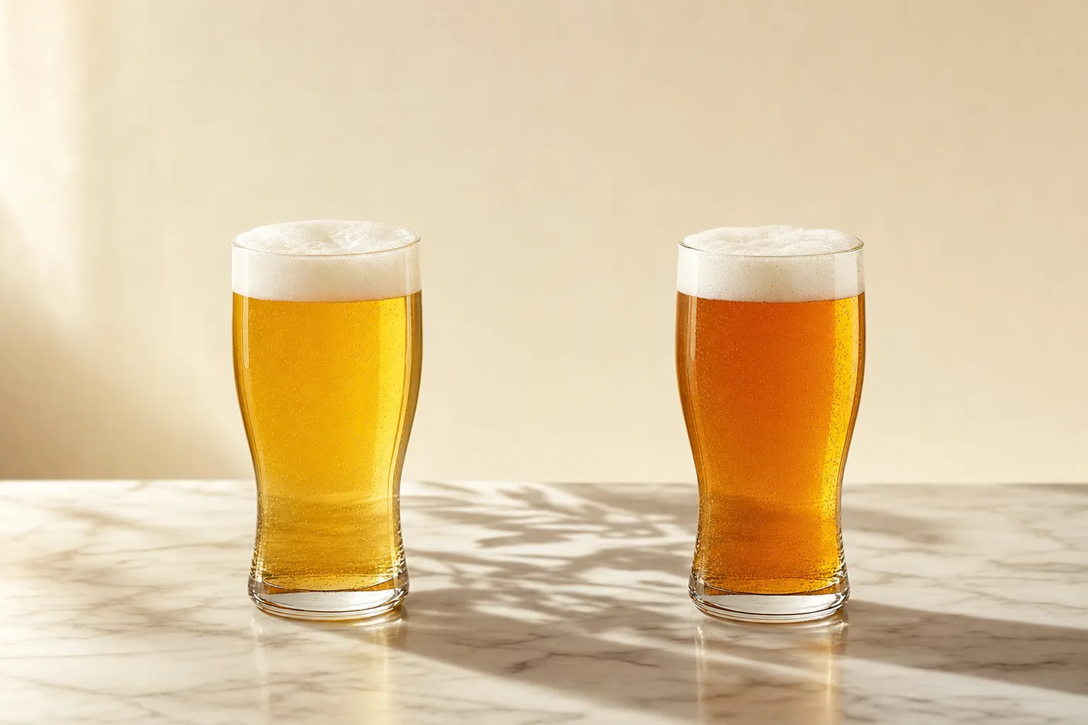 Dois copos de cerveja lado a lado sobre superfície de mármore