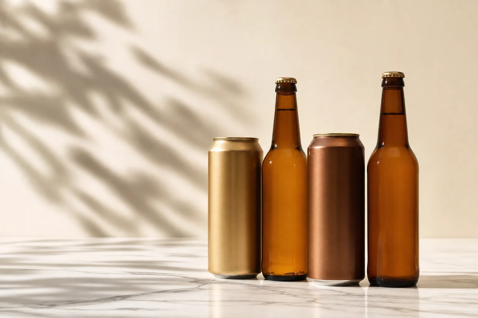 Latas e garrafas de cerveja sem álcool e sem glúten em composição