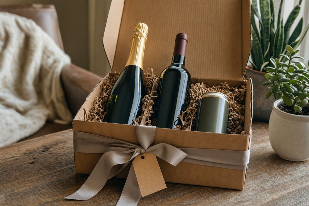 Kit de bebidas sem álcool de presente com garrafas de espumante e vinho sem álcool e lata de cerveja, embrulhado com laço